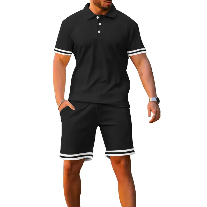 Black - Stripe Short Sleeve Lapel Men's POLO Shirt and Shorts Outfit Set - mens short set at TFC&H Co.