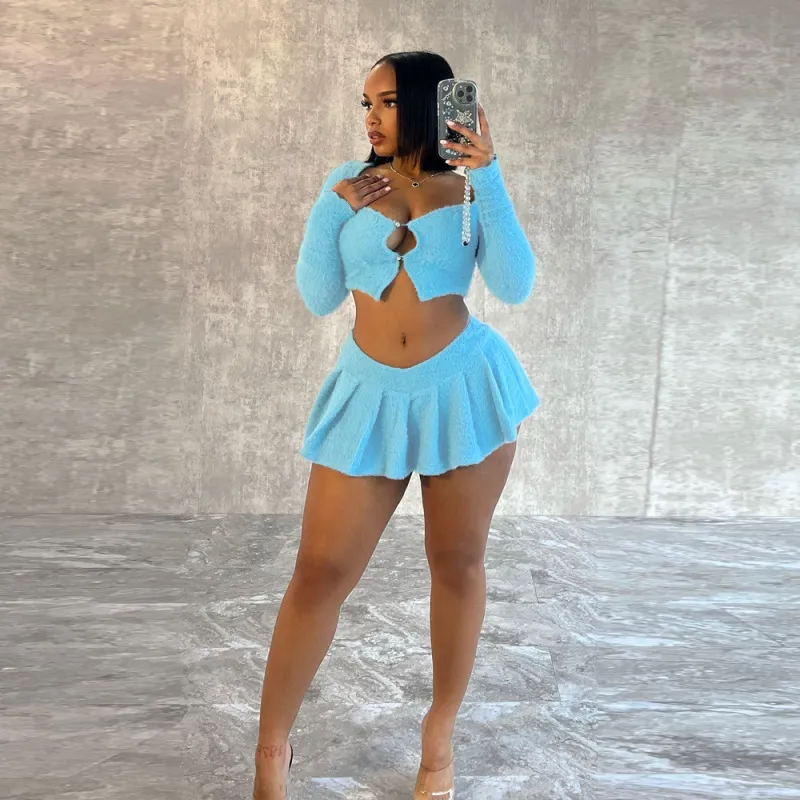 Sexy Plush Long Sleeve Crop Top Skirt Two-Piece Outfit Set