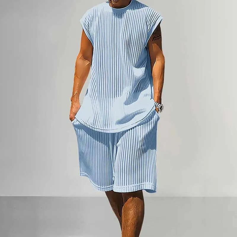 Blue - Casual Solid Color Stripe Sleeveless Round Neck Top and Shorts Men's Outfit Set - mens short set at TFC&H Co.