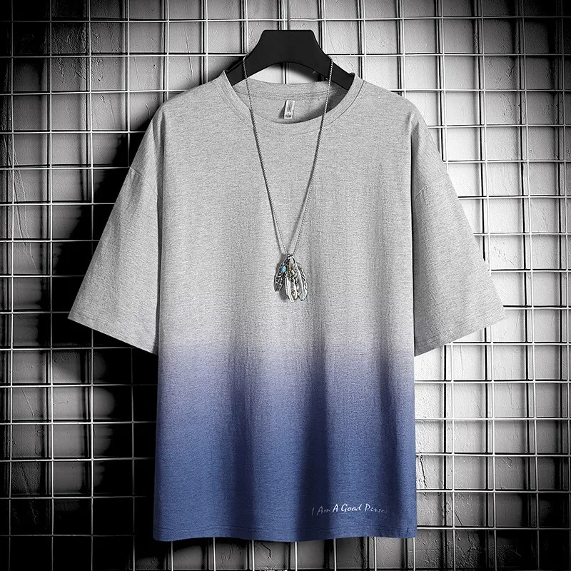 Dusty Blue - Gradient Color Block Loose Round Neck Short Sleeve Men's T-Shirt - Mens T-Shirts at TFC&H Co.