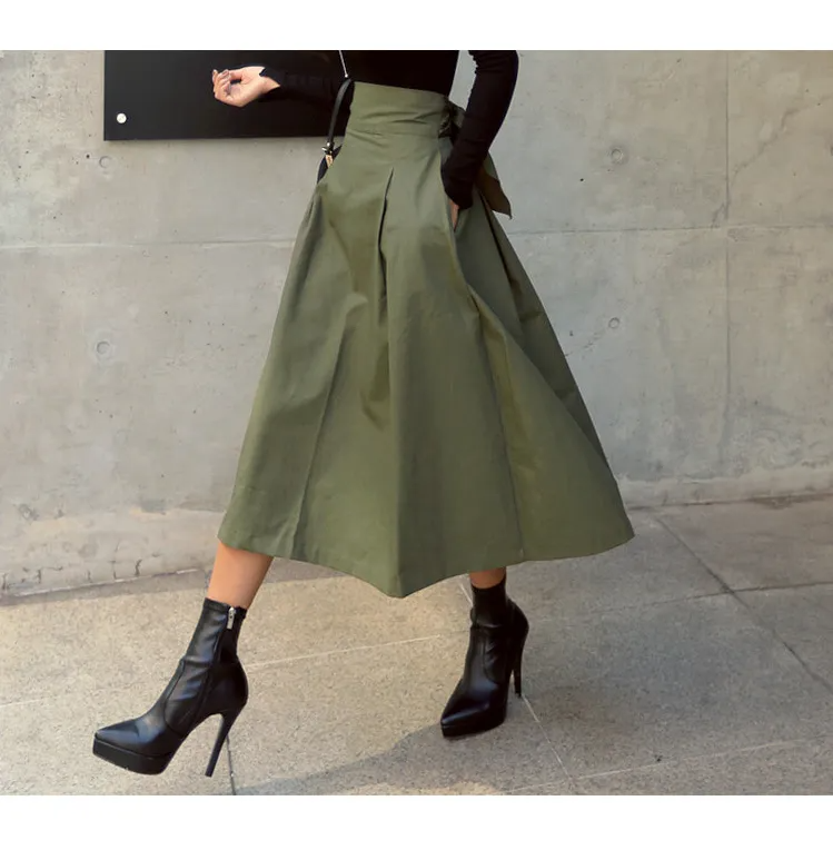 Fashion Solid Color High Waist Bow Women's Swing Skirt