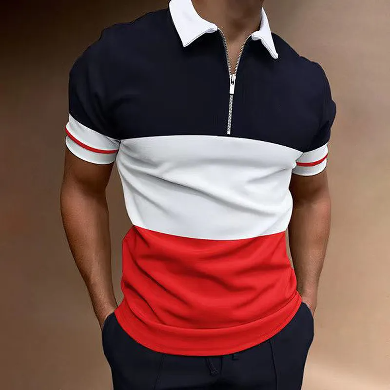 Casual Color Contrast Lapel Zipper Short Sleeve Men's Polo