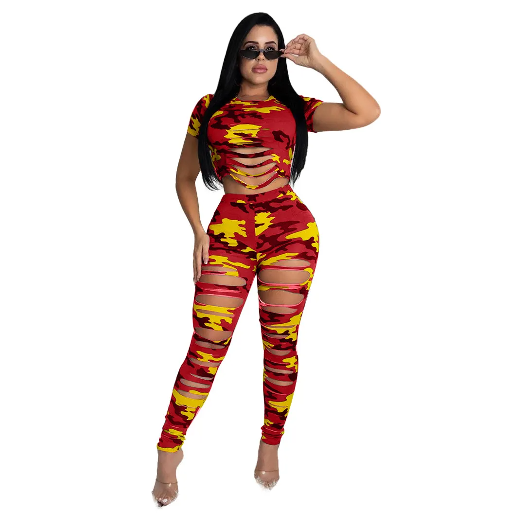 Red - Ripped Camouflage Casual Women's Sports Two-Piece Set - womens pants set at TFC&H Co.