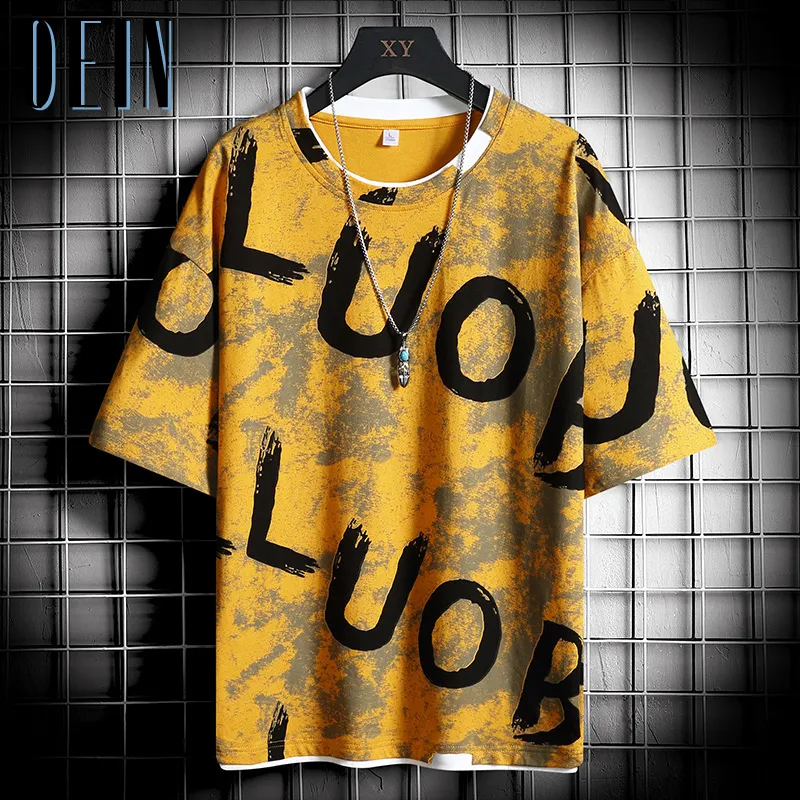 Yellow TC309 - Casual Short Sleeve Round Neck Letter Printed Loose Men's T-Shirt - Mens T-Shirts at TFC&H Co.