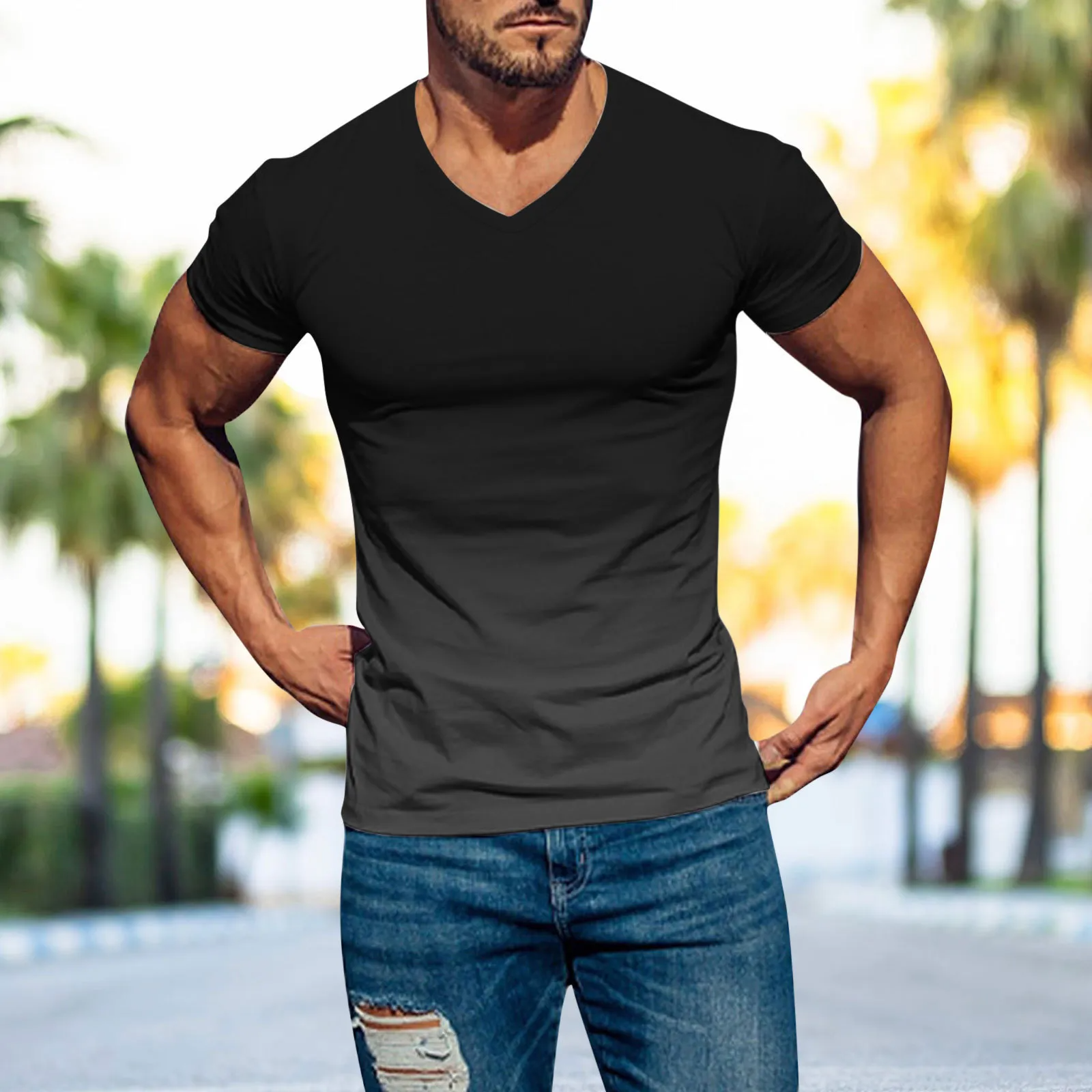 Men Fashion Casual Gradient Color Short Sleeve V Neck T-Shirt