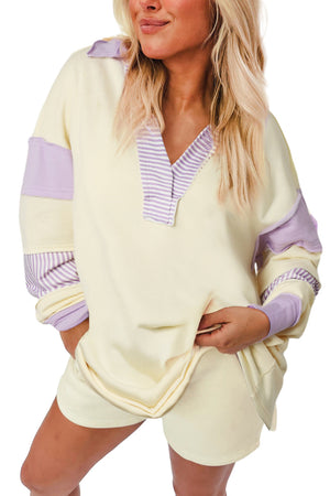 Colorblock Striped Split Neck Collared Women's Sweatshirt - women's sweatshirt at TFC&H Co.