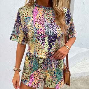 MULTICOLOR - Colorful Peacock Printed Round Neck Dropped Shoulder Half Sleeve Top and Shorts Set - womens short set at TFC&H Co.