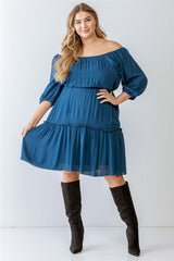 TEAL - Combo Printed Textured Ruffle Flare Hem Mini Dress Voluptuous (+) Plus Size - Ships from The US - womens dress at TFC&H Co.