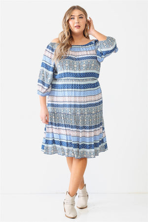 BLUE COMBO - Combo Printed Textured Ruffle Flare Hem Mini Dress Voluptuous (+) Plus Size - Ships from The US - womens dress at TFC&H Co.