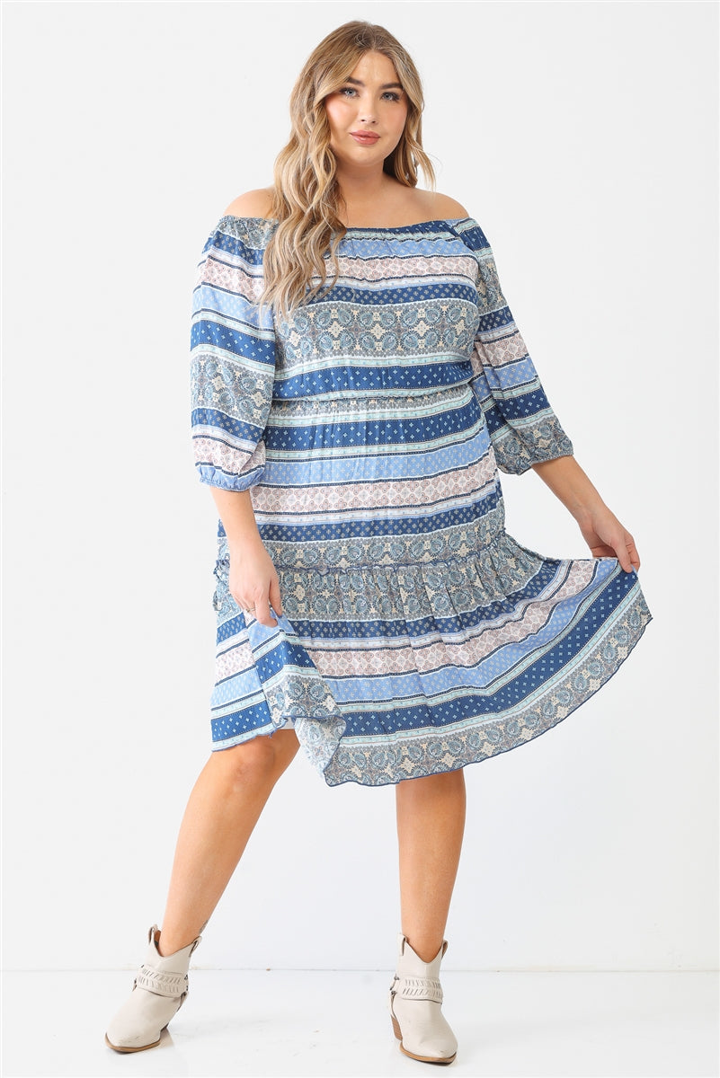 - Combo Printed Textured Ruffle Flare Hem Mini Dress Voluptuous (+) Plus Size - Ships from The US - womens dress at TFC&H Co.