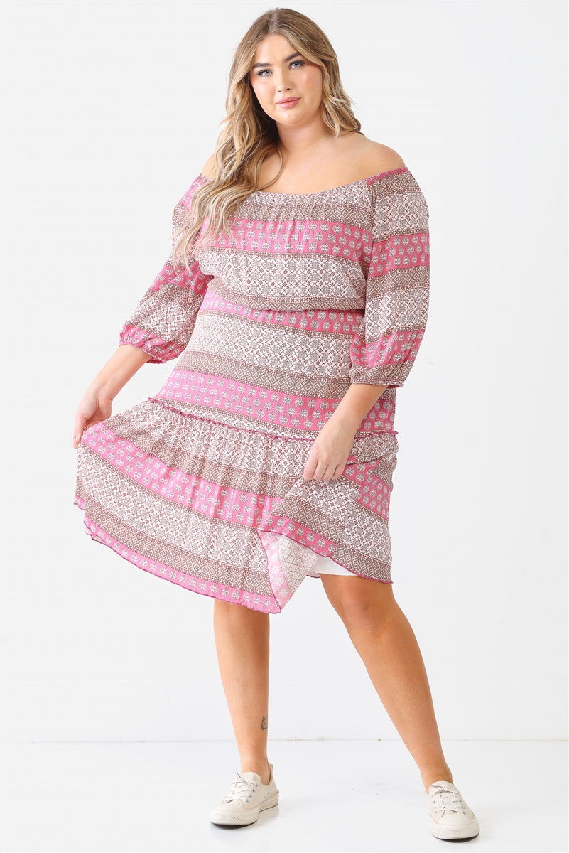 PINK COMBO - Combo Printed Textured Ruffle Flare Hem Mini Dress Voluptuous (+) Plus Size - Ships from The US - womens dress at TFC&H Co.