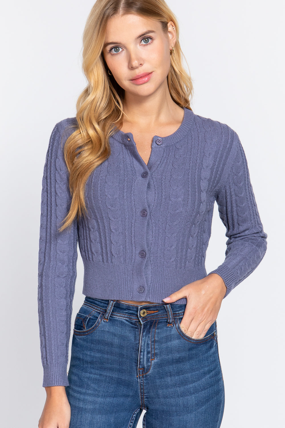 Gloomy Blue Crew Neck Cable Sweater Cardigan - 4 colors - women's cardigan at TFC&H Co.