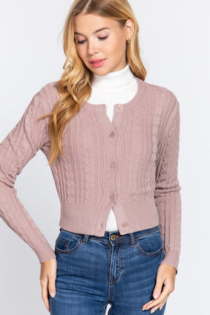 Beige Pink - Crew Neck Cable Sweater Cardigan - 4 colors - womens cardigan at TFC&H Co.