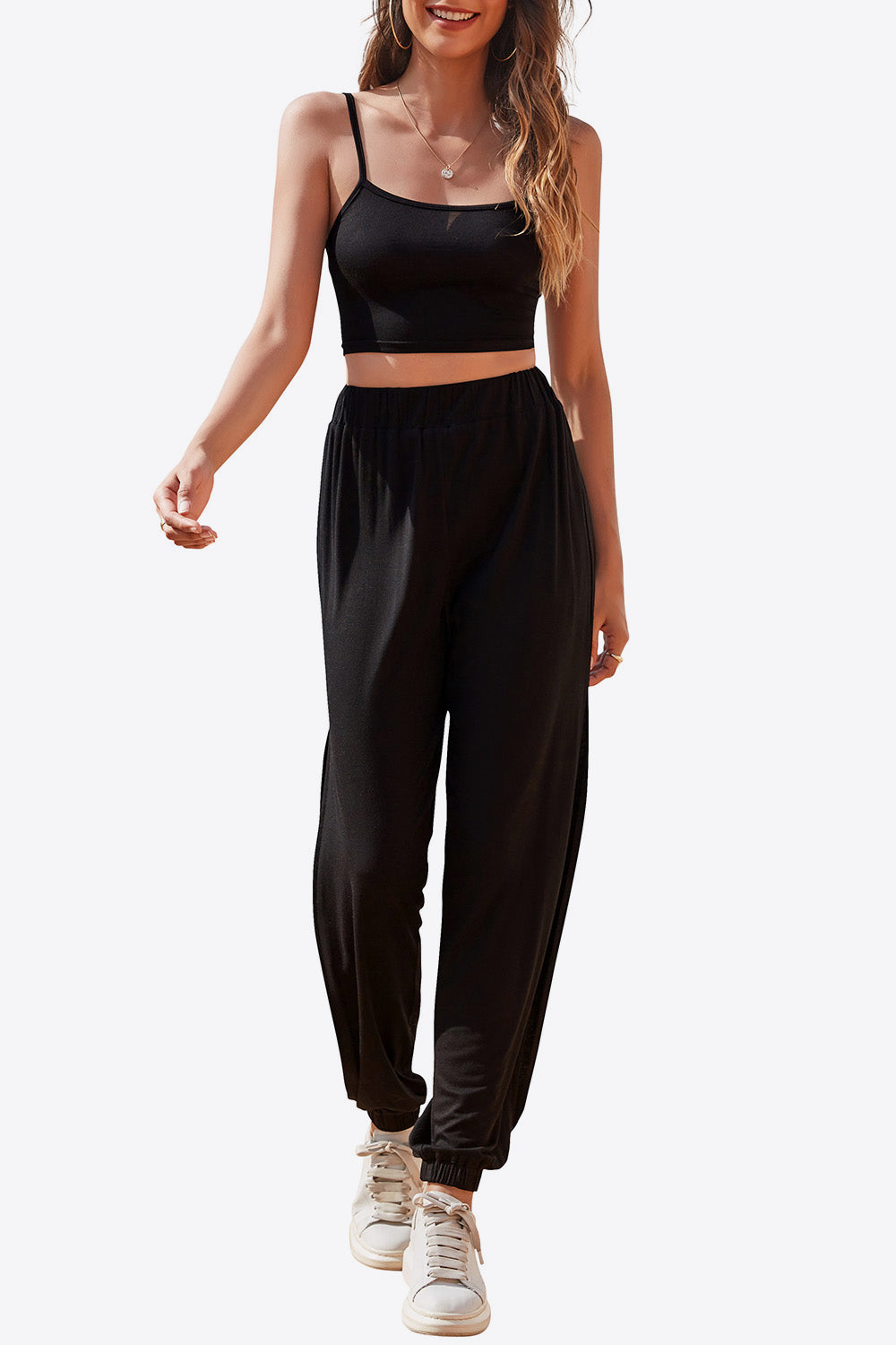 BLACK - Cropped Cami and Side Split Joggers Set - 4 colors - womens crop top & pants at TFC&H Co.