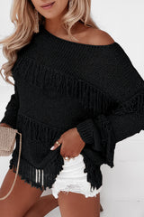 Black 100%Acrylic Boho Tasseled Knitted Sweater - women's sweater at TFC&H Co.
