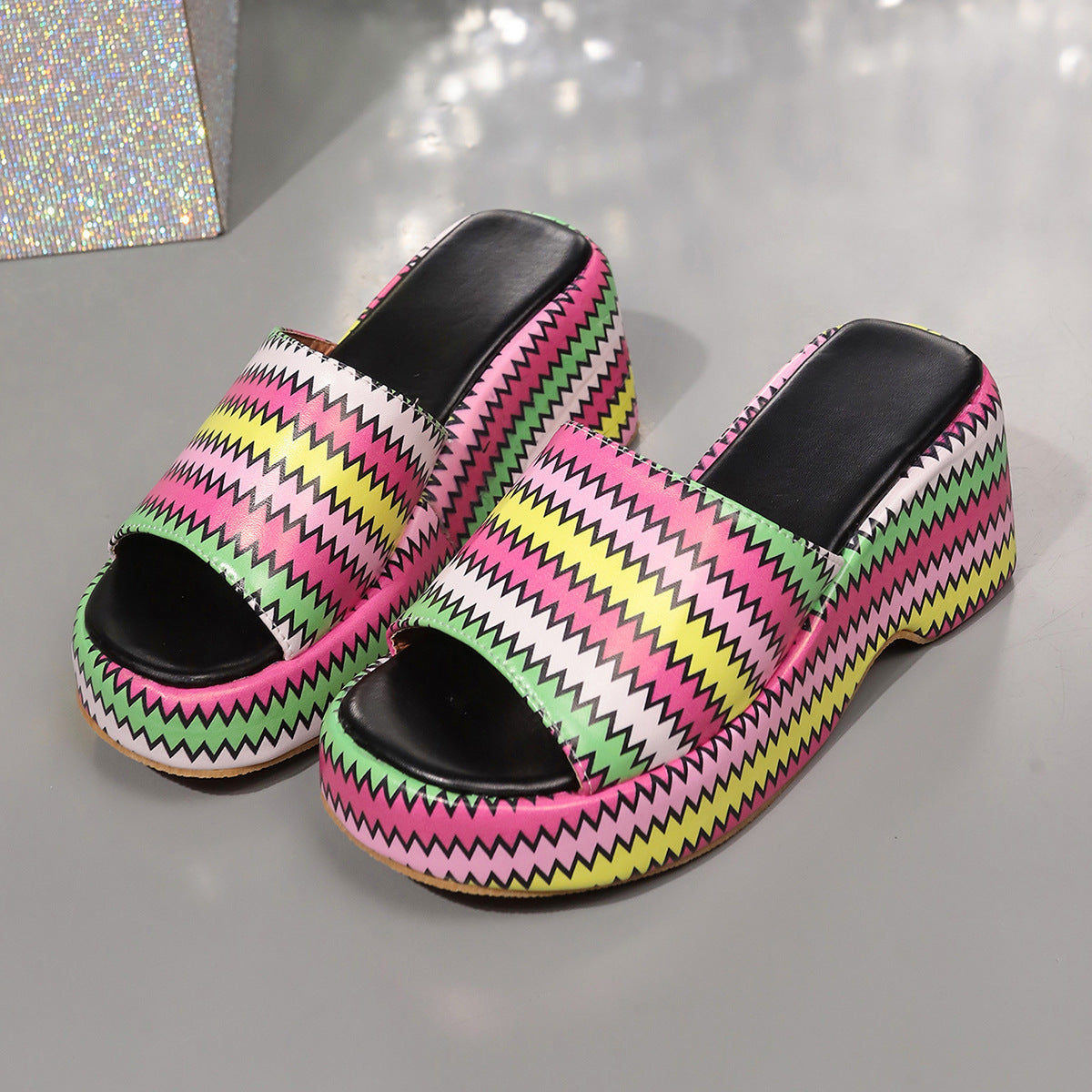 Pink - Fashion Colorful Wave Print Wedges Sandals For Women - womens sandals at TFC&H Co.