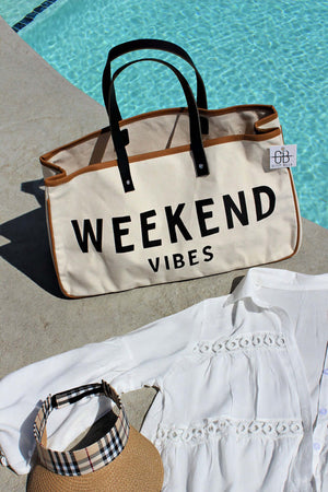 - White WEEKEND VIBES Canvas Tote Beach Bag - tote bag at TFC&H Co.