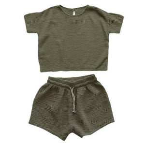 green - Summer Girls' 100% Cotton Loose Two Piece Shorts Outfit Set - girls short set at TFC&H Co.
