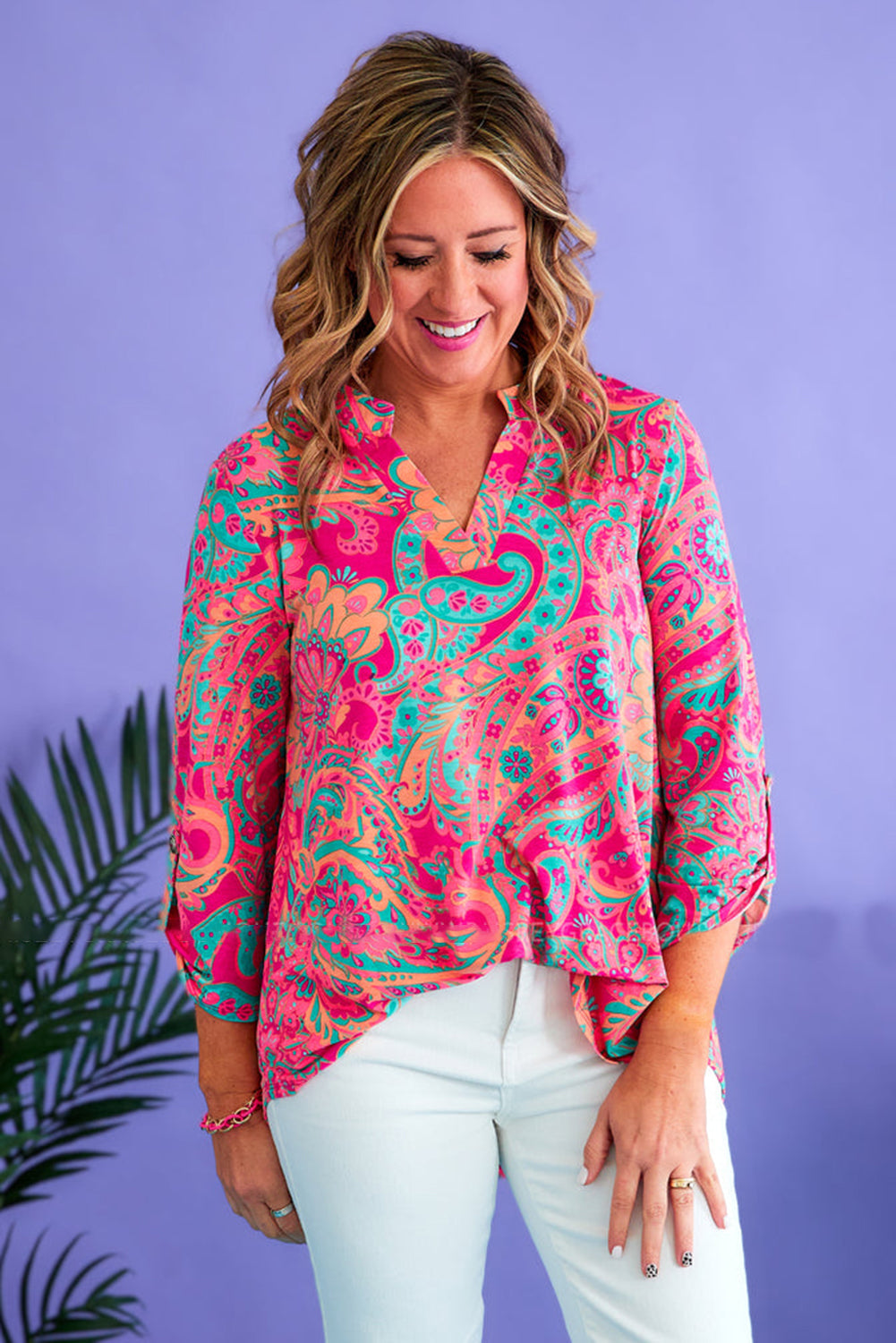 - Rose Voluptuous (+) Plus Size Paisley Print V Neck Roll Tab Sleeve Blouse - womens blouse at TFC&H Co.