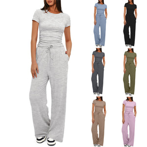 - 2pcs Solid Color Casual Sport Short-sleeved Women'sTop And High-waisted Drawstring Wide-leg Pants - womens pants set at TFC&H Co.