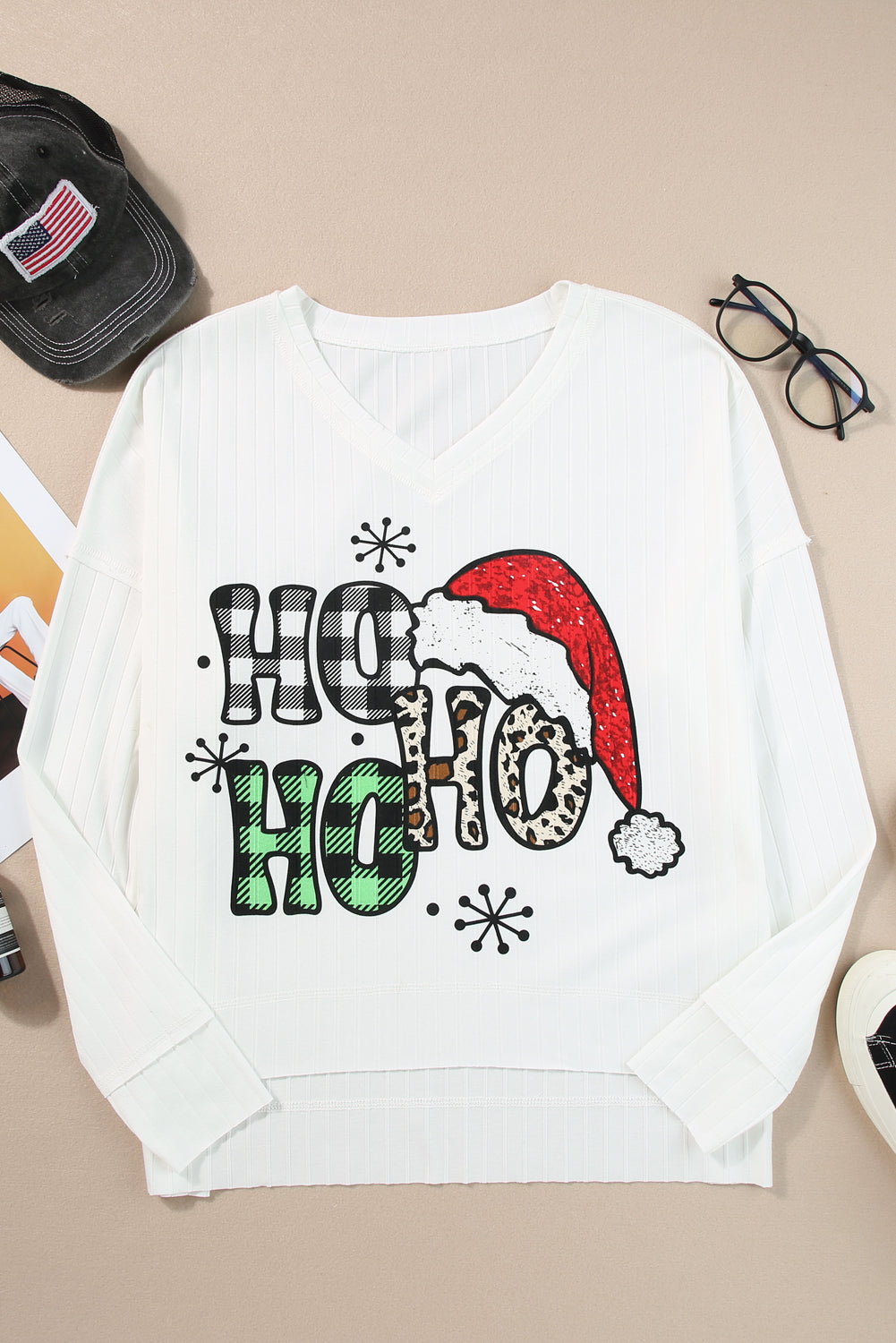 White HOHOHO Wide Rib Long Sleeve Women's Christmas Graphic Top - women's shirt at TFC&H Co.