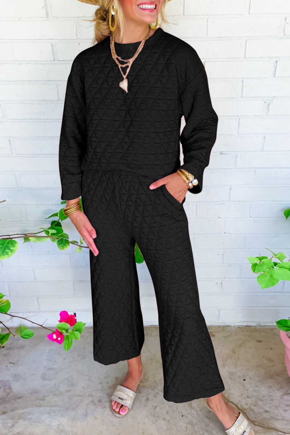 Black/Set 95%Polyester+5%Elastane Solid Quilted Pullover and Pants Outfit Set, Shirt, or Hoodie- various colors - women's pants set at TFC&H Co.