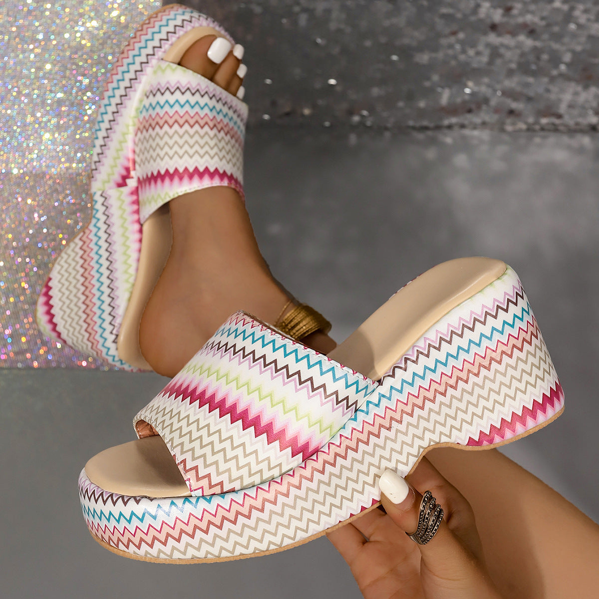 - Fashion Colorful Wave Print Wedges Sandals For Women - womens sandals at TFC&H Co.