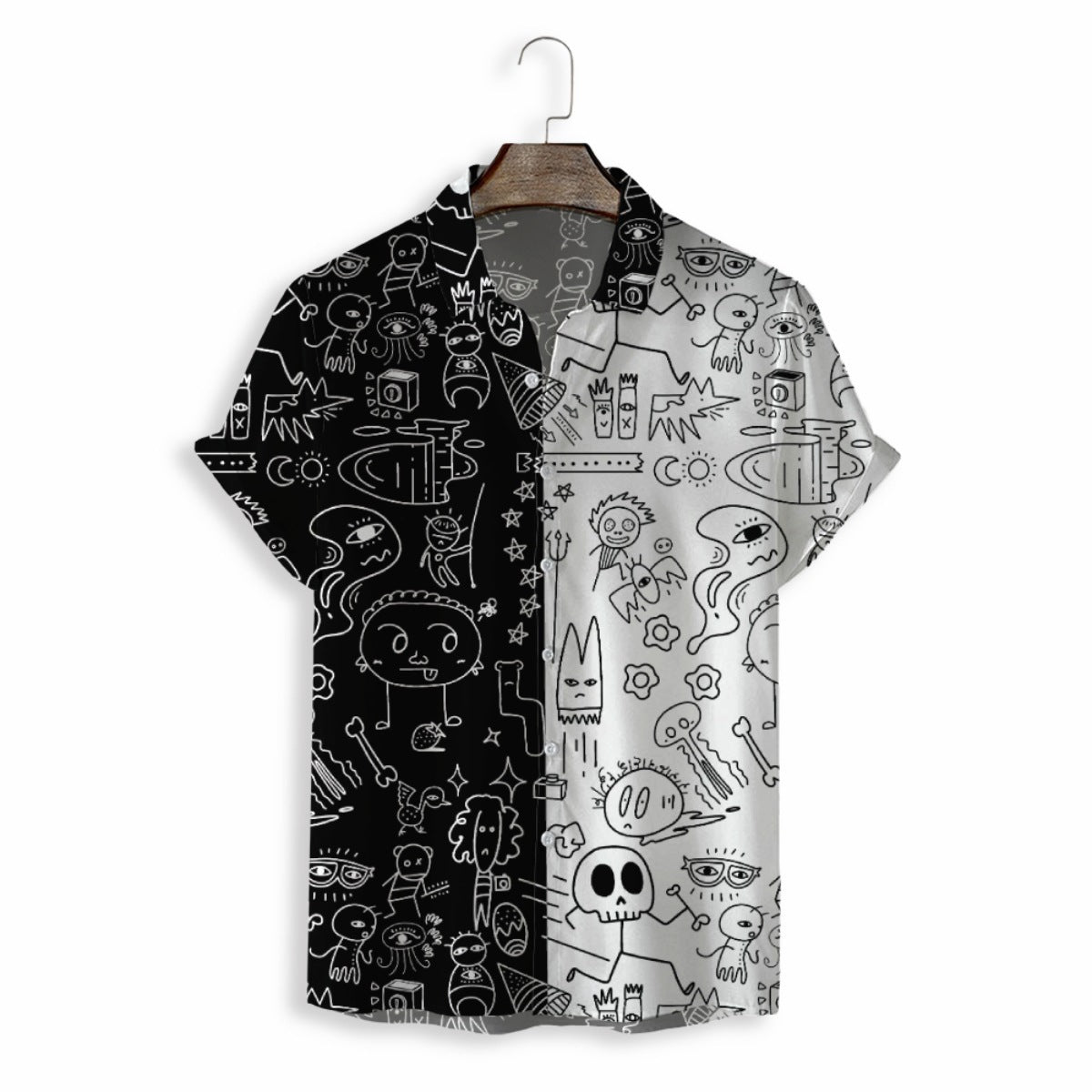 New Abstract Black And White Stitching Line Men's Casual Loose Button Up Shirt