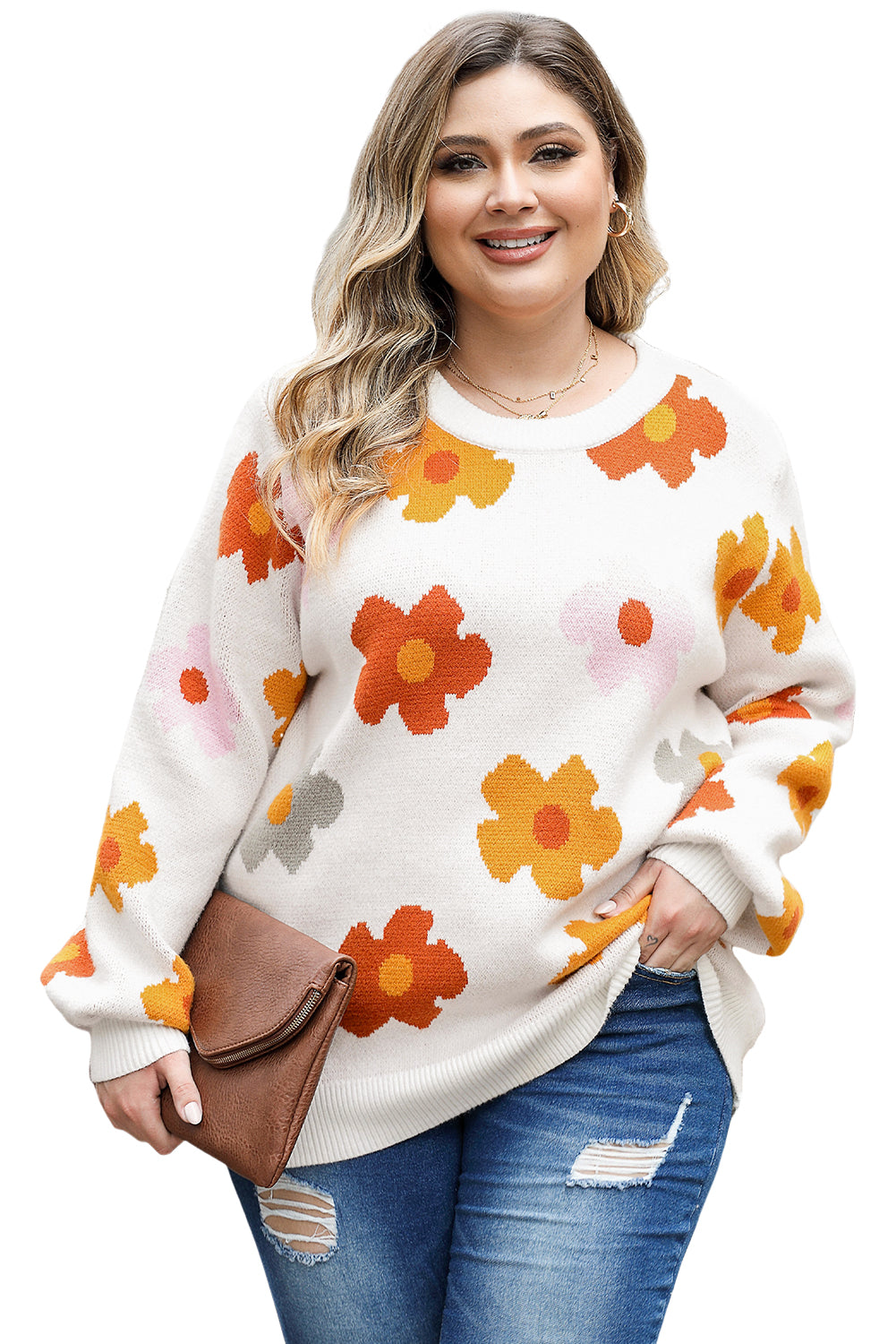 Sweet Flower Knitted Ribbed Hem Sweater - women's sweater at TFC&H Co.