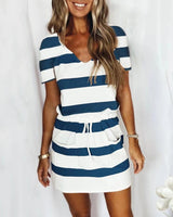 Dark Blue - Striped Short-sleeved Women's Summer Dress - womens dress at TFC&H Co.