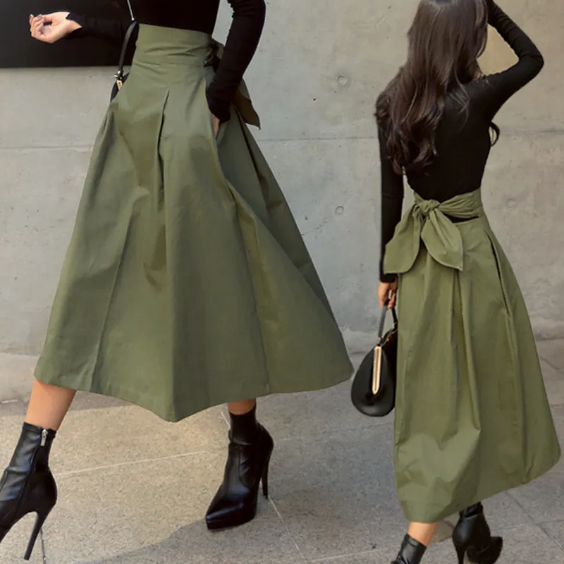Fashion Solid Color High Waist Bow Women's Swing Skirt