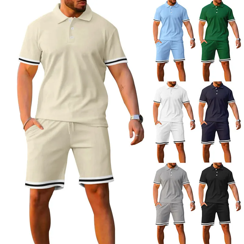 - Stripe Short Sleeve Lapel Men's POLO Shirt and Shorts Outfit Set - mens short set at TFC&H Co.