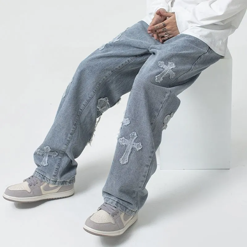 Hip Hop Cross Pattern Straight Men's Jeans
