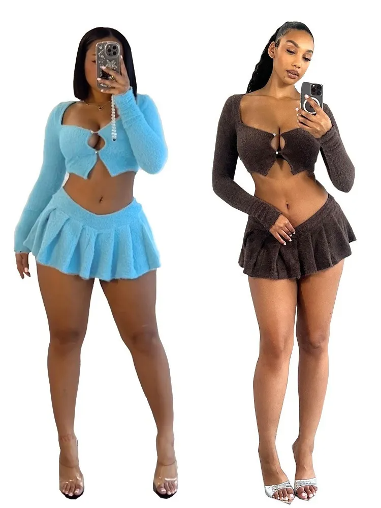 Sexy Plush Long Sleeve Crop Top Skirt Two-Piece Outfit Set