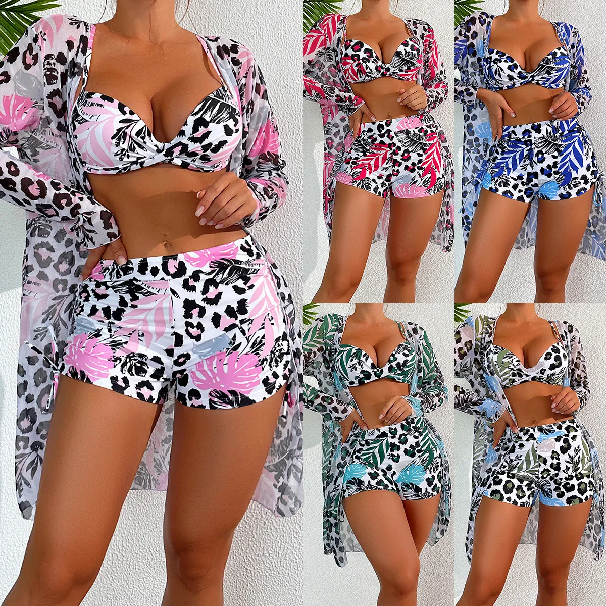 Sexy Multicolor Leopard Leaf Tankini Three-Piece Women's Swimsuit
