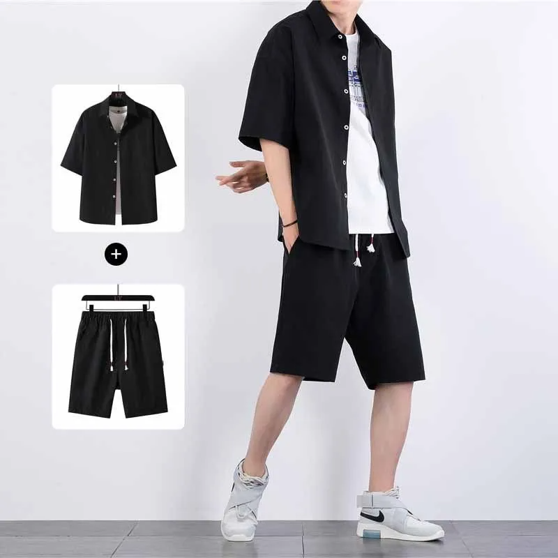 Black - Short Sleeve Lapel Shirt Shorts Outfit Set for Men - mens short set at TFC&H Co.
