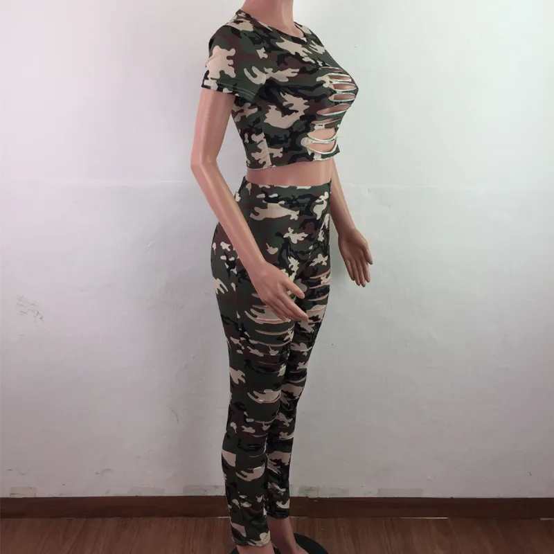 - Ripped Camouflage Casual Women's Sports Two-Piece Set - womens pants set at TFC&H Co.