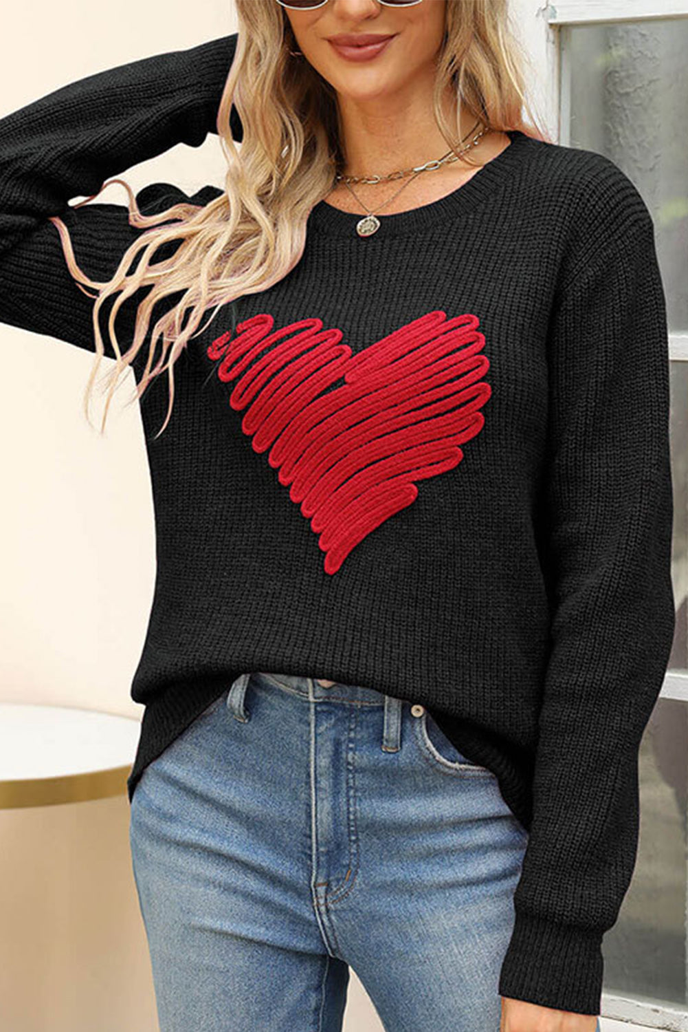Valentines Heart Sketch Round Neck Sweater - women's sweater at TFC&H Co.