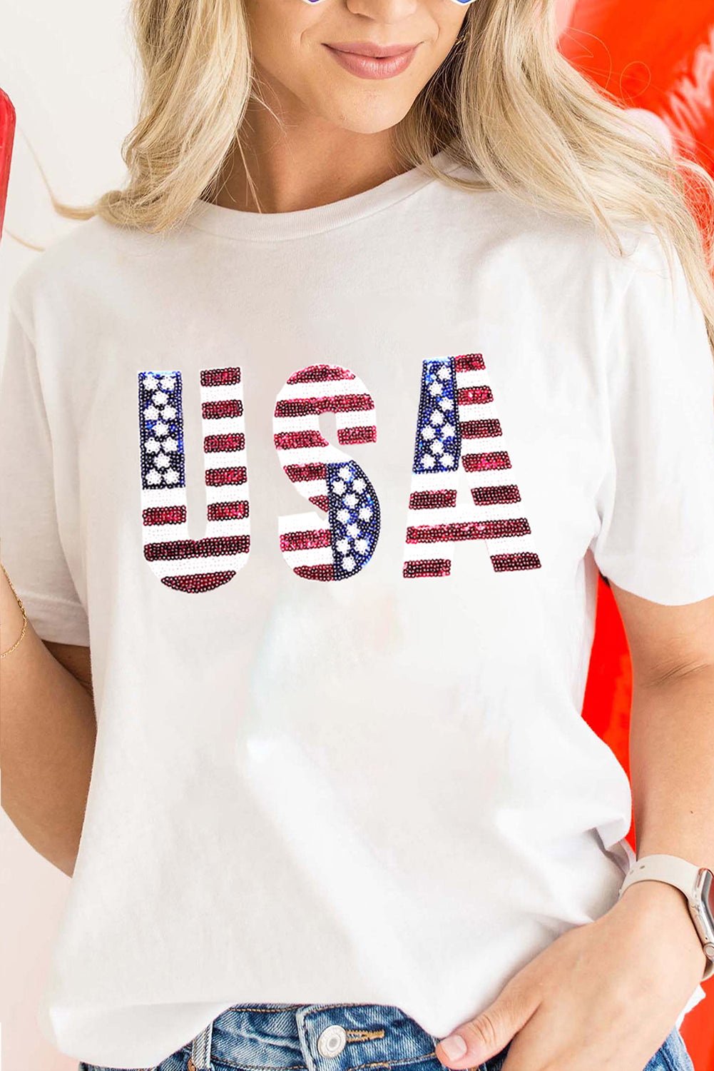White - USA Flag Sequin Graphic Patched Women's Round Neck T Shirt - womens Graphic Tees at TFC&H Co.