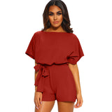 LC64515 Wine Red - Women's Round Neck Short-sleeved Lace-up Romper - womens romper at TFC&H Co.