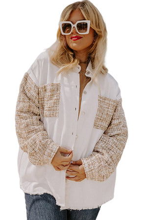 Voluptuous (+) Plus Size White Tweed Patchwork Raw Hem Jacket - women's jacket at TFC&H Co.