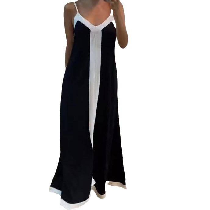 - Elegant Contrast Color V-neck Long Strap Dress for Women - womens dress at TFC&H Co.