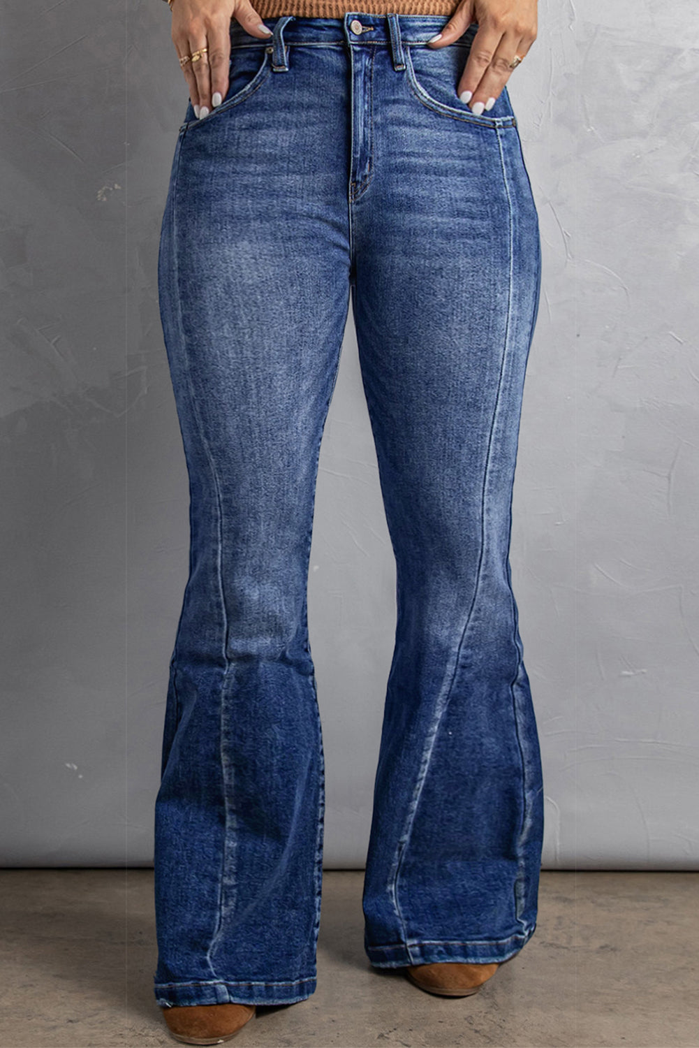 Dark Blue - Dark Blue Voluptuous (+) Plus Size Stitching Washed Flare Jeans - Plus Size Jeans at TFC&H Co.