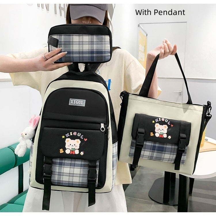 Black Ribbon Pendant - Large Capacity Plaid Three-piece Set School Backpack - bookbag at TFC&H Co.