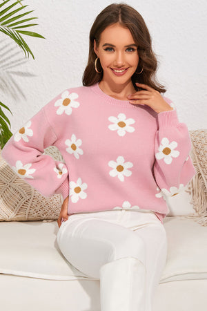 - Floral Pattern Drop Shoulder Sweater - womens sweater at TFC&H Co.