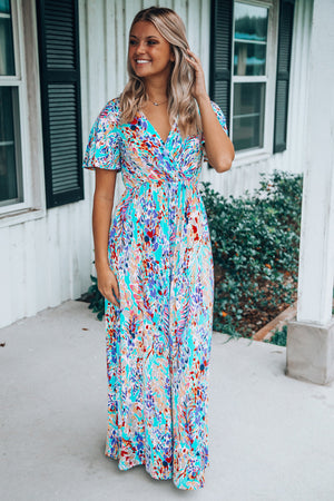 - Bohemian Abstract Print Wrap V Neck Color Block Maxi Dress - Maxi Dresses at TFC&H Co.