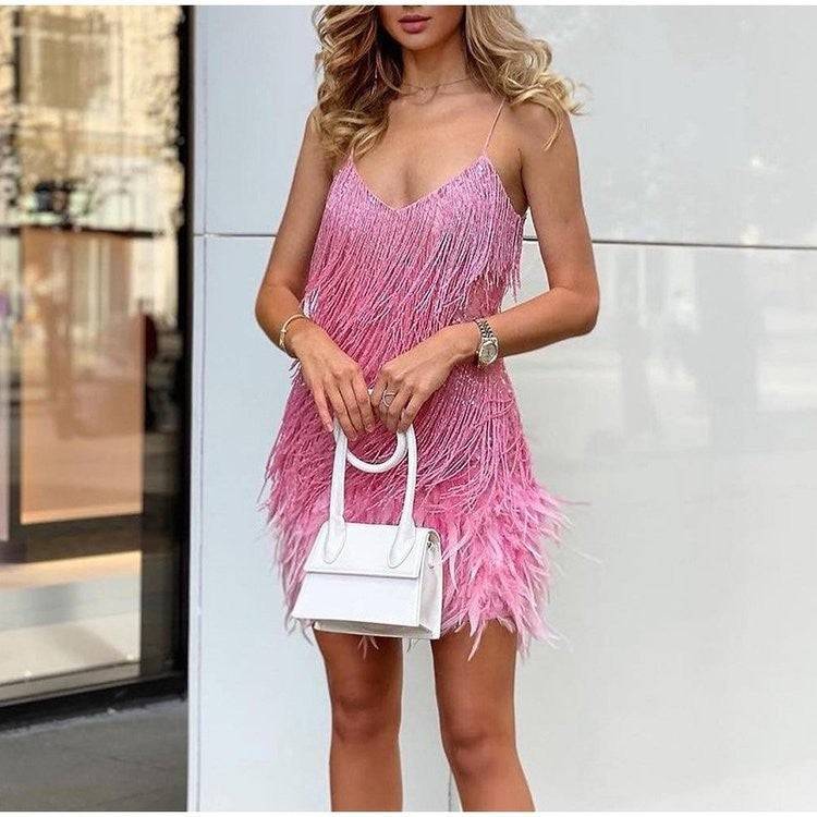 Pink - Fringe Sequins Sexy Feather V-neck Halter Party Dress for Women - womens dress at TFC&H Co.