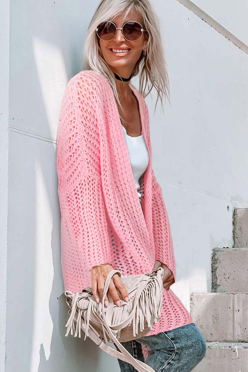Pink Open Knit Long Sleeve Oversized Cardigan - women's cardigan at TFC&H Co.