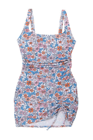 - Pink Drawstring Ruched Floral Swim Dress - women's swim dress at TFC&H Co.