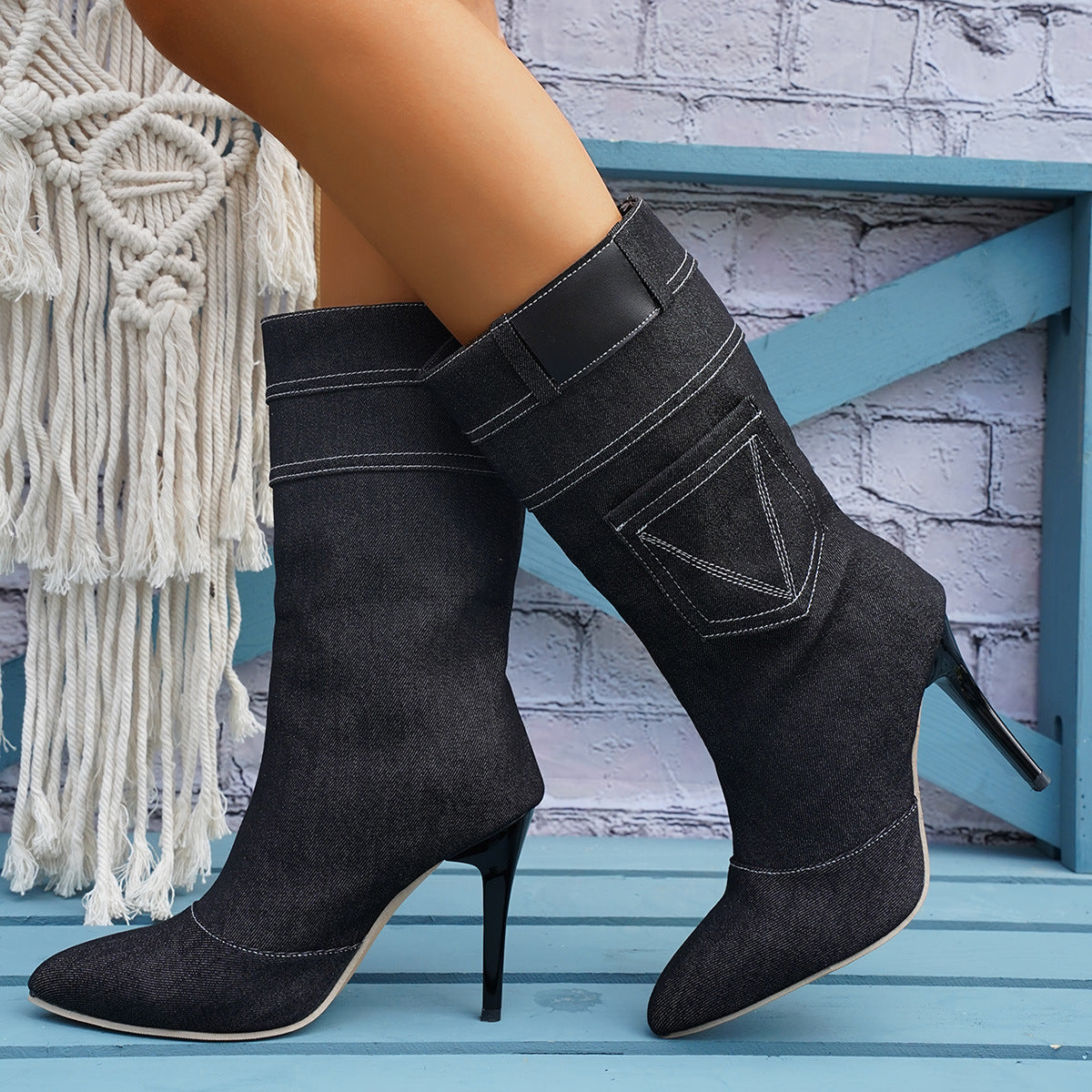 Black Pocket Design Fashion Women's Denim Stiletto Boots - 2 colors - women's boot at TFC&H Co.